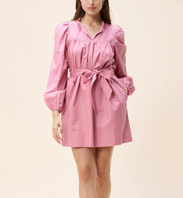 Dusty Pink Tie-Waist Puff-Sleeve Mini Dress