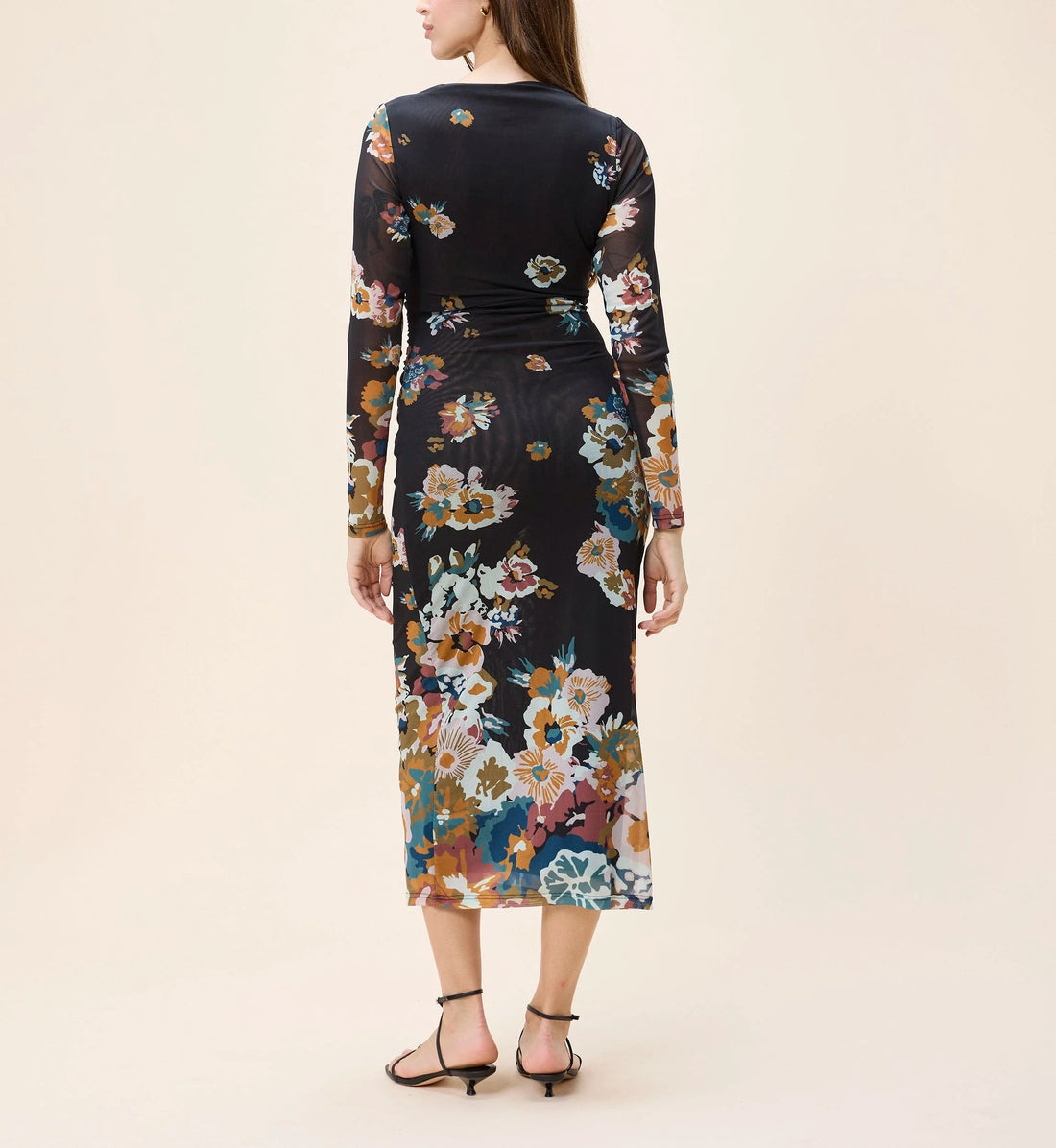 Black Floral Print Mesh Long-Sleeve Midi Dress