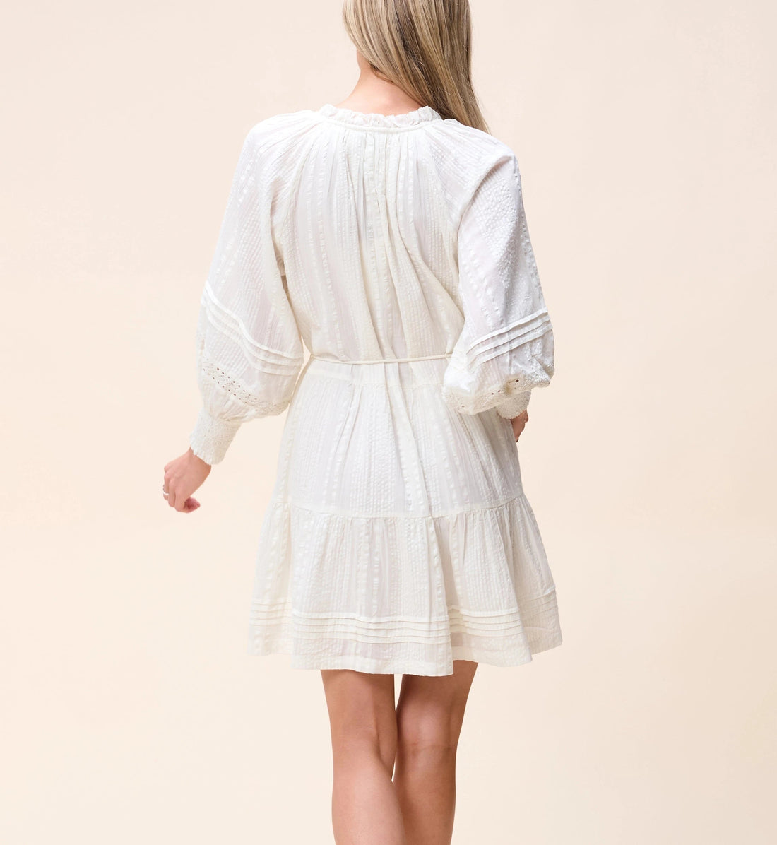 White Textured Lace-Trim Tie-Waist Mini Dress