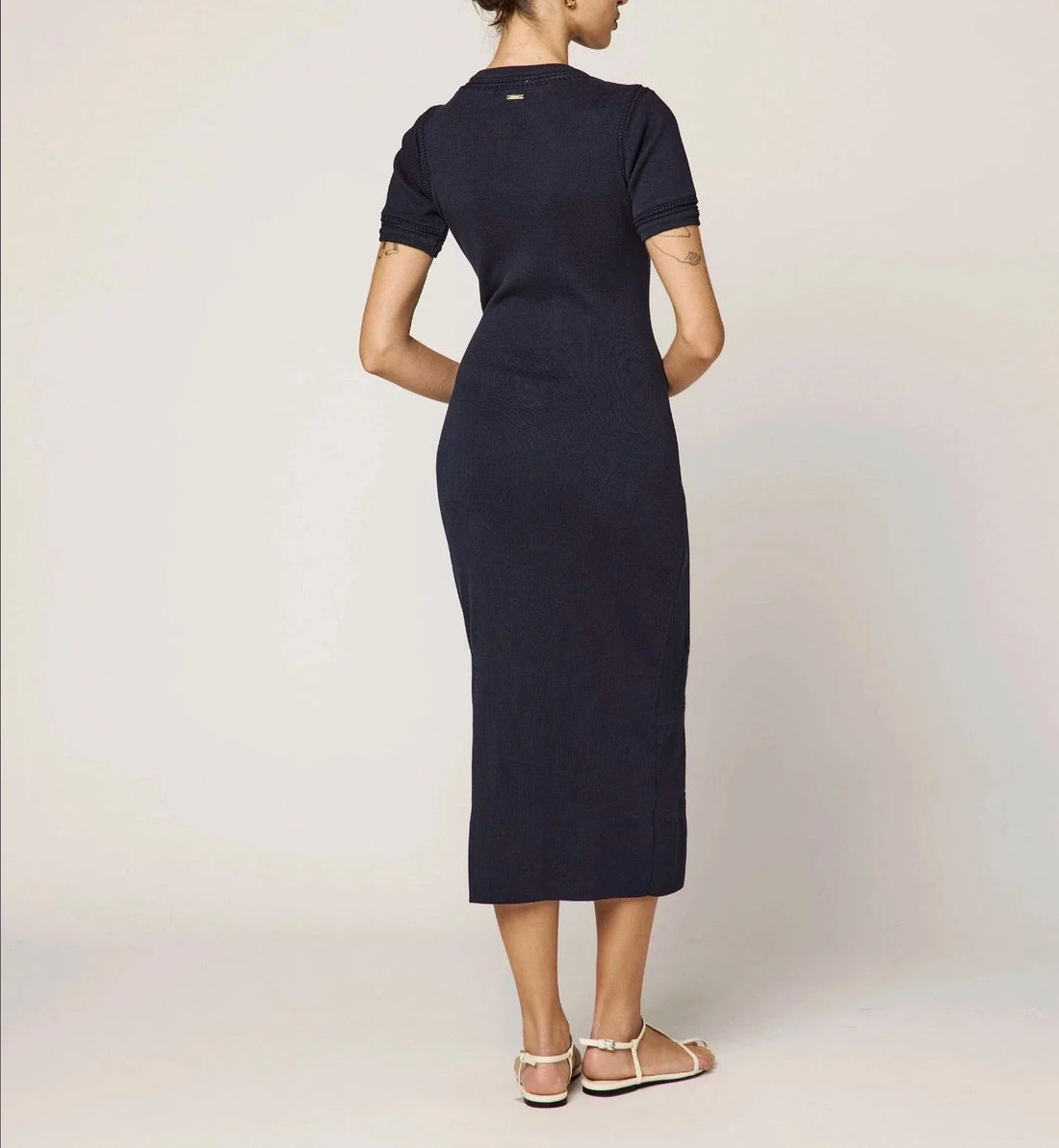 Navy Rib-Knit Short-Sleeve Midi Dress