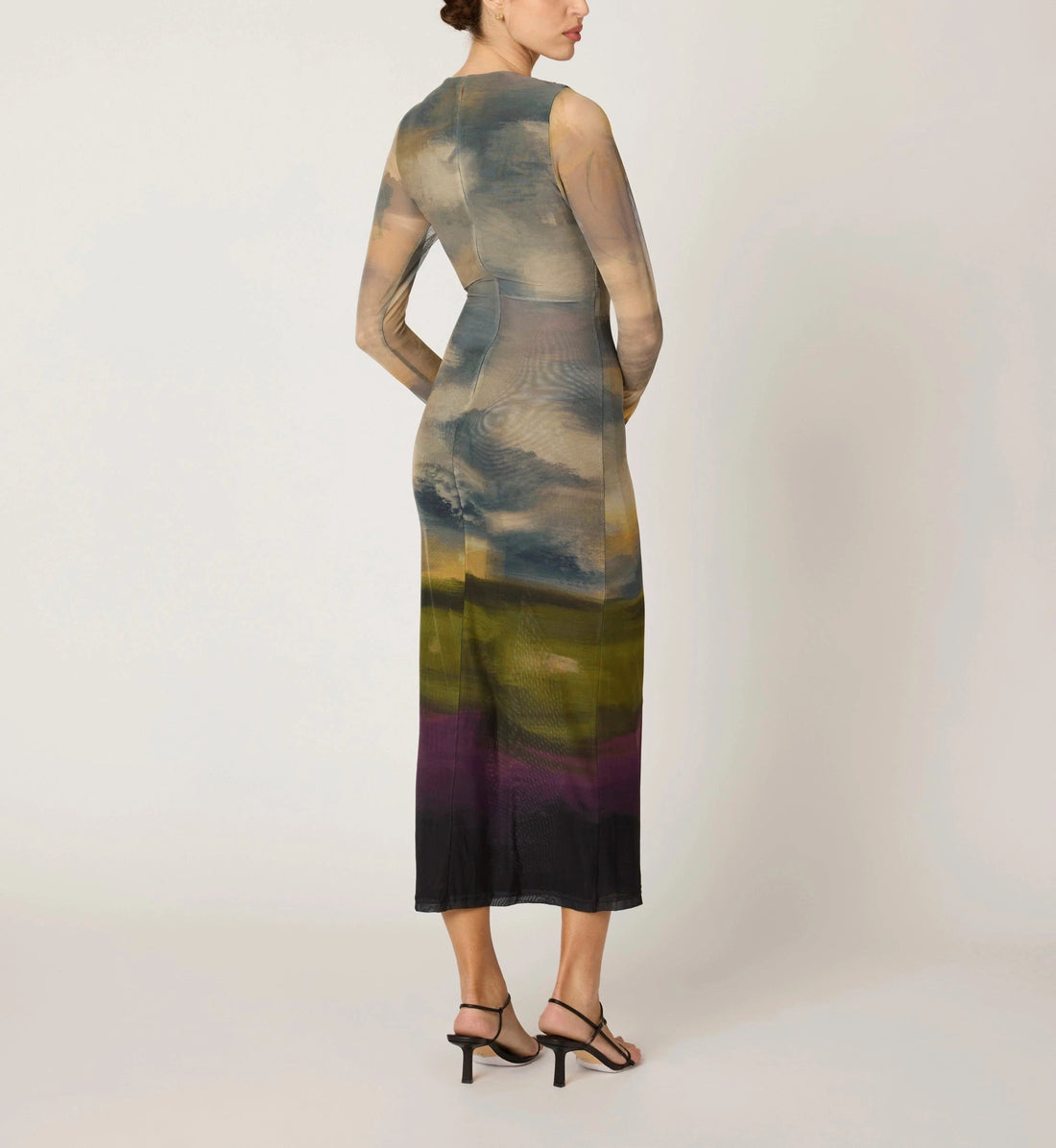 Landscape Ombre Mesh Long-Sleeve Maxi Dress