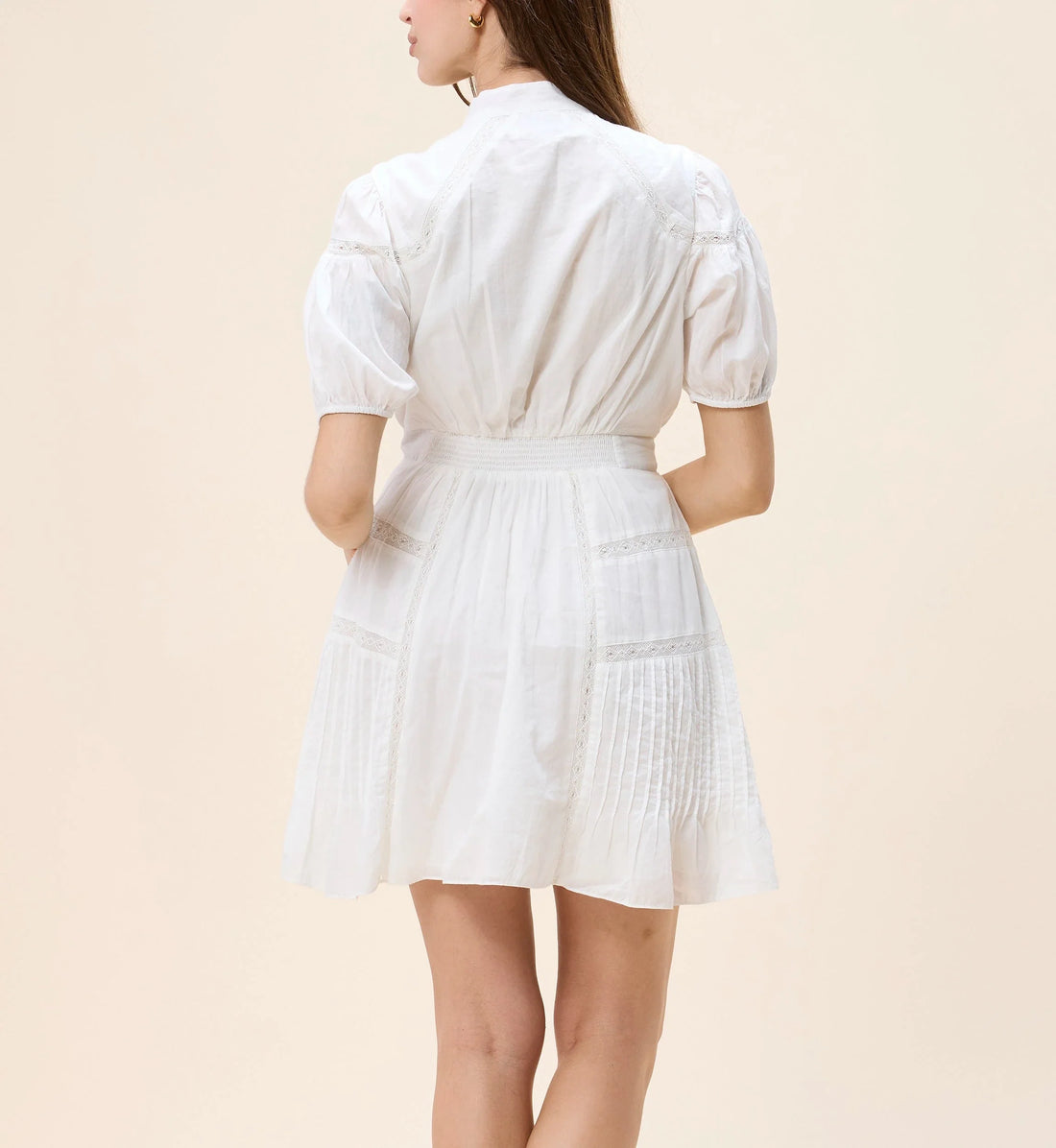 White Lace-Trim Puff-Sleeve Mini Dress